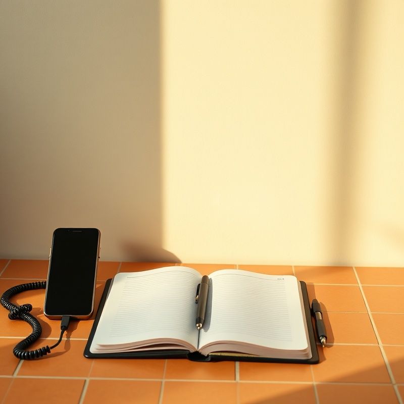 Escritorio minimalista con teléfono y libreta en tonos índigo