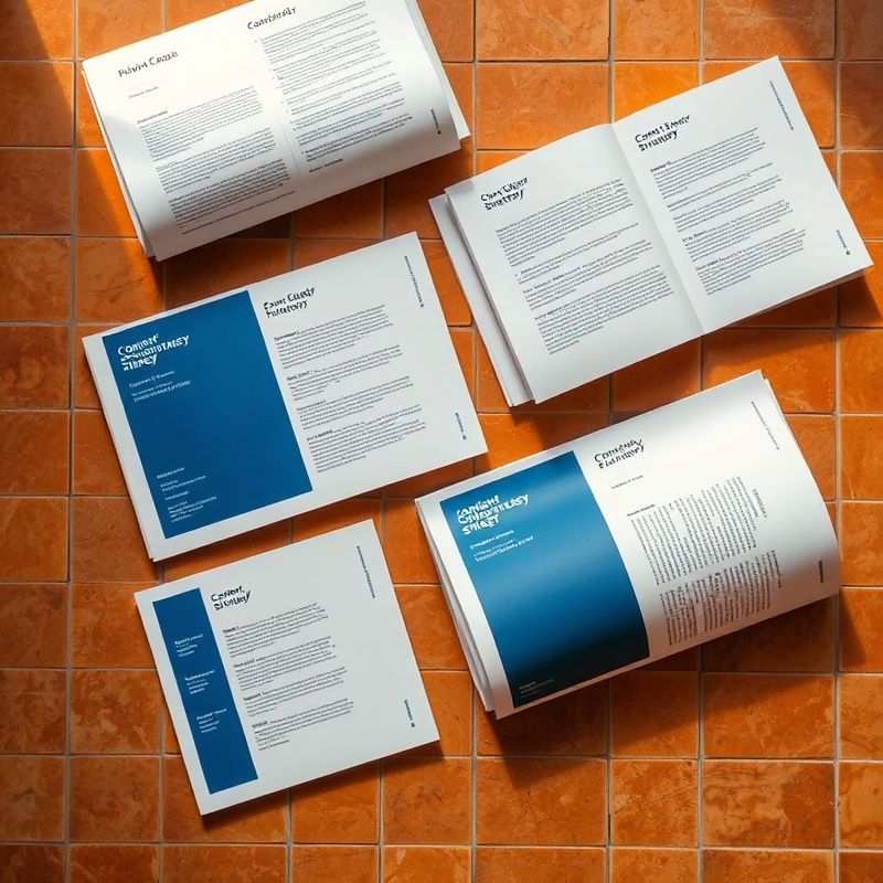 Documentos de estrategia editorial con secciones codificadas por color en índigo y blanco